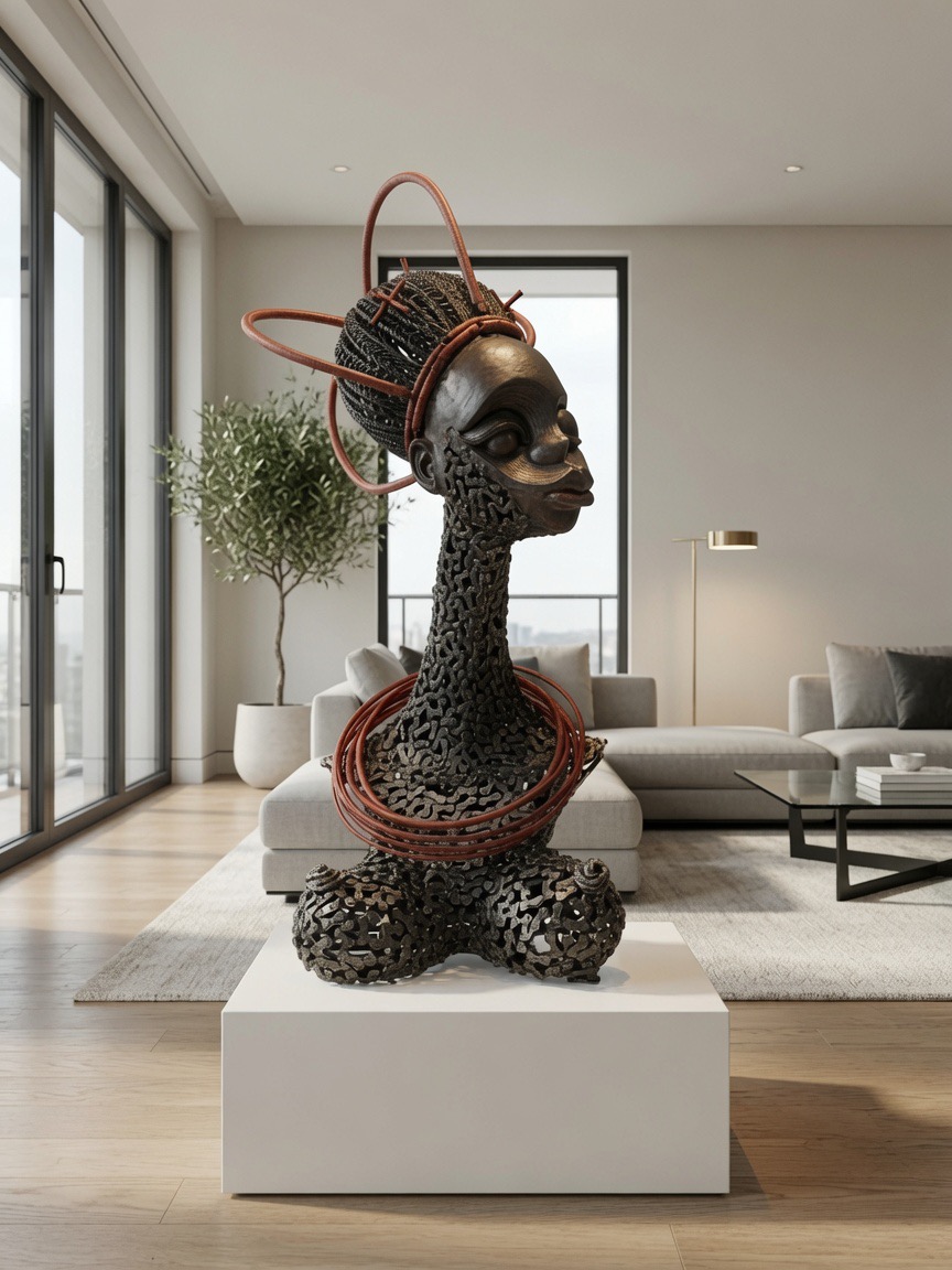 Regalia — welded steel filigree bust with rebar crown, city view