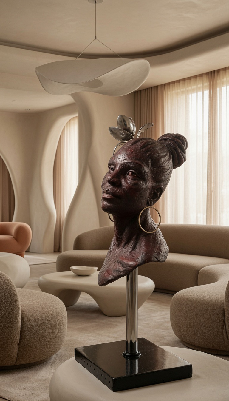 Metamorphosis — carved bust with bronze butterfly hairpiece and hoop earring