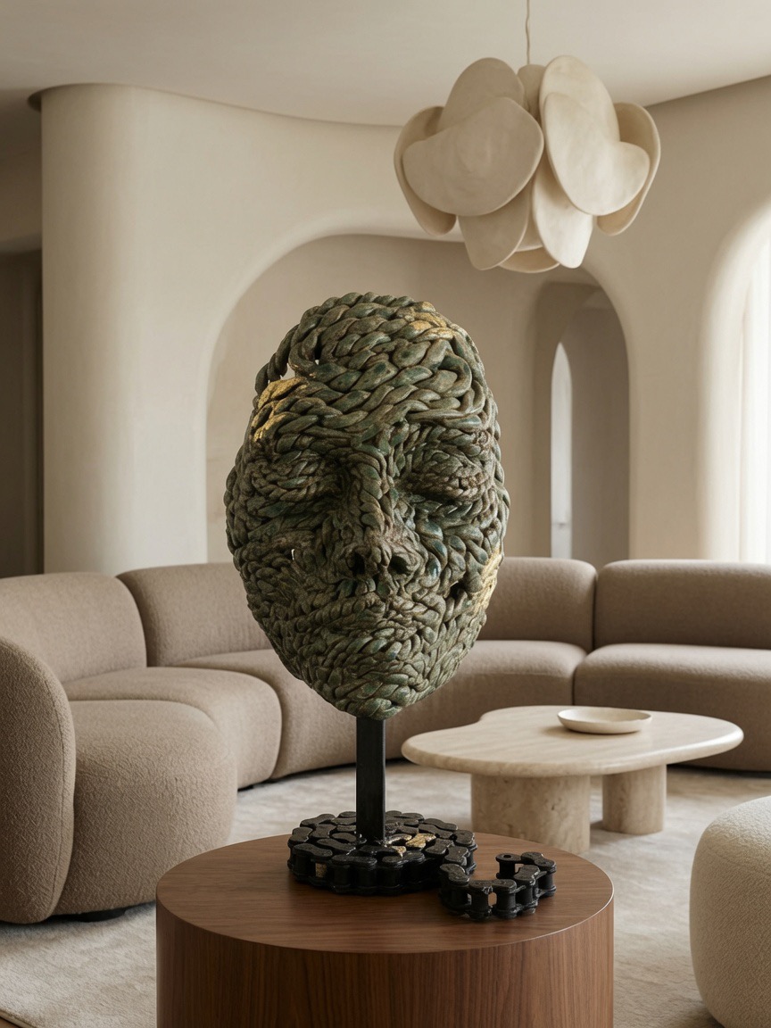 Woven — bronze rope-textured face sculpture on a bicycle-chain base