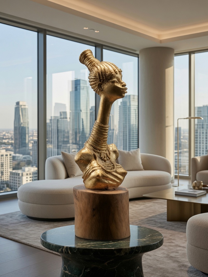 Gilded — cast bronze bust with gold leaf finish, city skyline