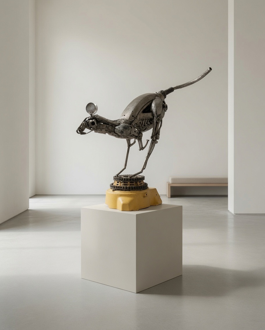 Momentum — welded automotive-part kangaroo sculpture on a yellow enamel base