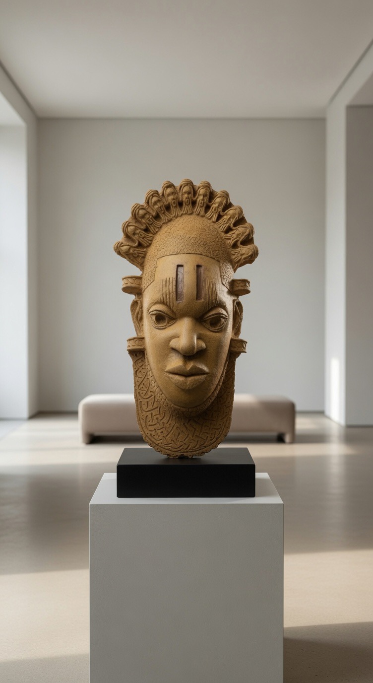 Lineage — cast bronze ceremonial mask with a crown of carved figures