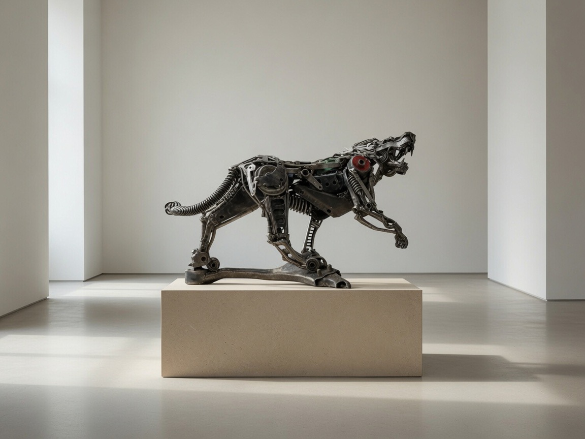Prowl — welded automotive-part panther sculpture on its display plinth