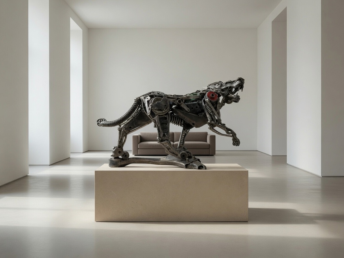 Prowl — welded automotive-part panther on its plinth