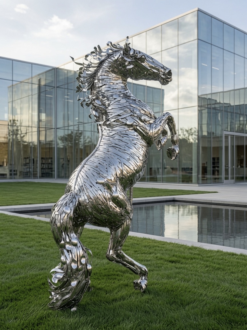 Ascendant — full-scale welded cutlery horse installed beside a glass building