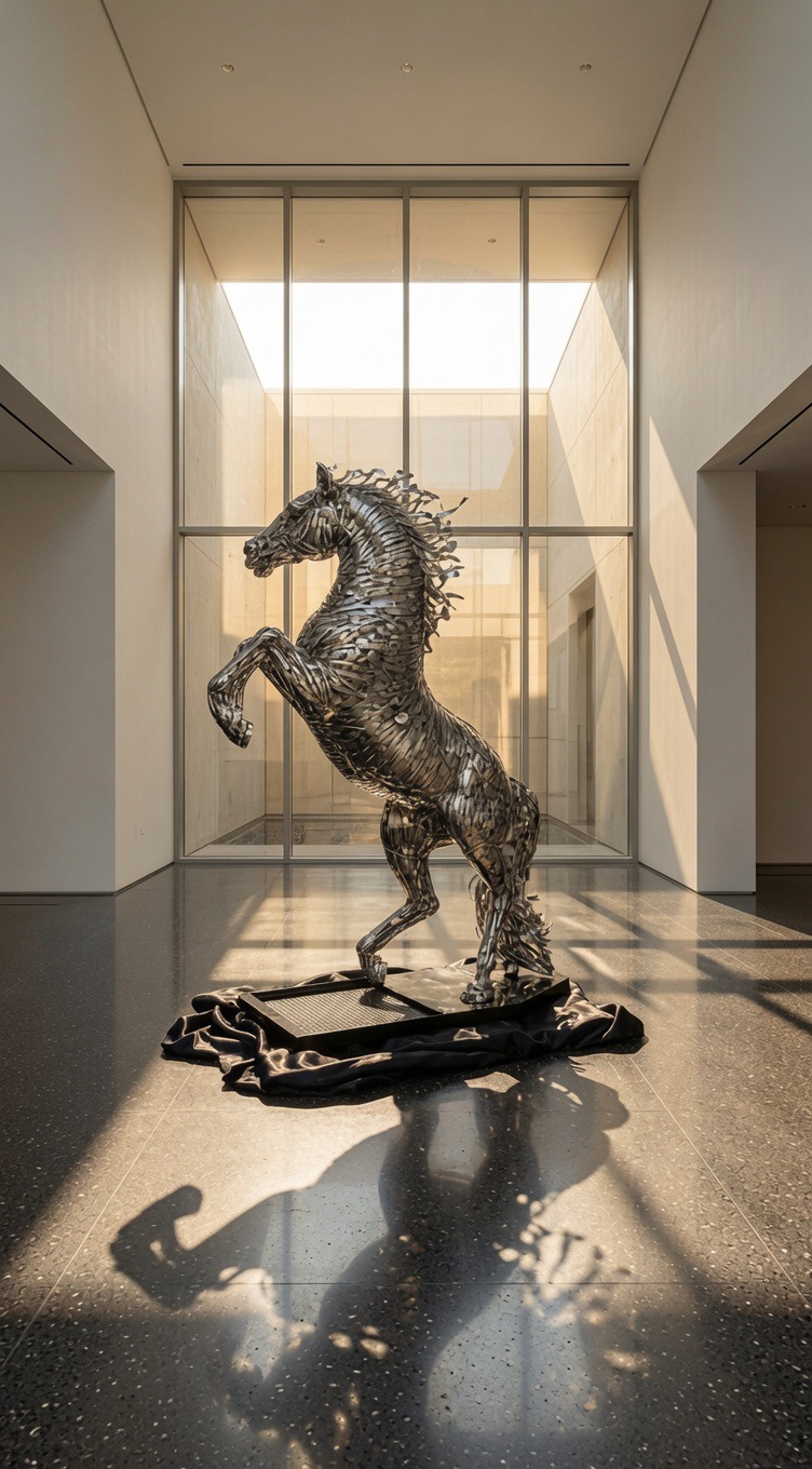 Ascendant — welded cutlery horse rearing in a glass atrium
