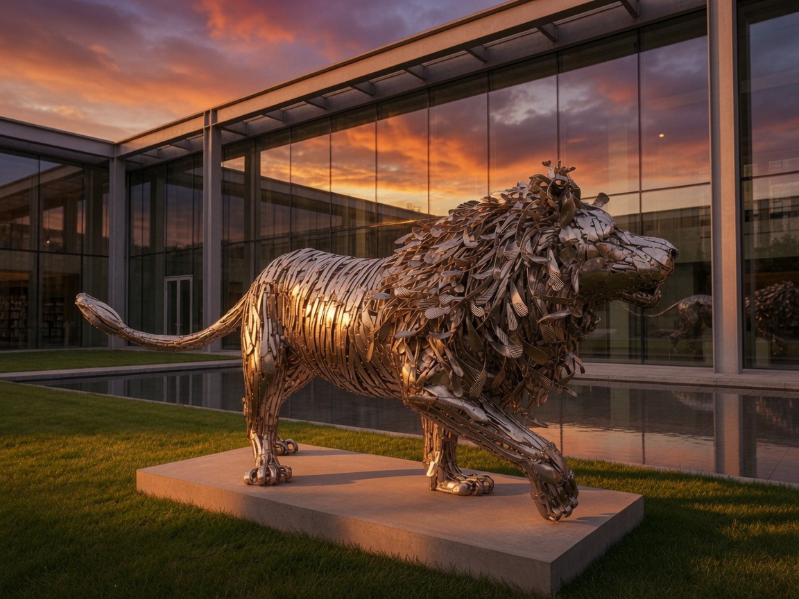 Welded cutlery lion at dusk beside a reflecting pool
