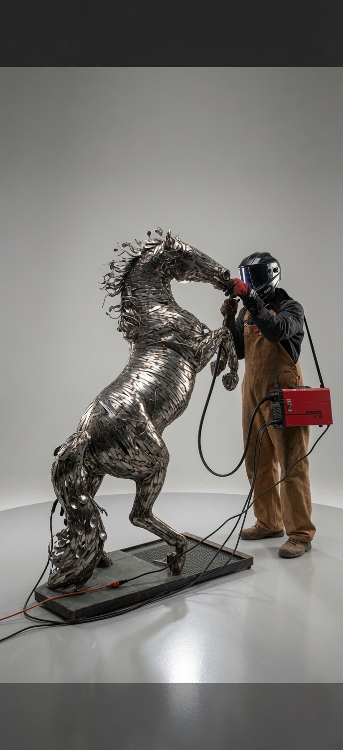 Precious welding a reclaimed-cutlery horse sculpture in the studio