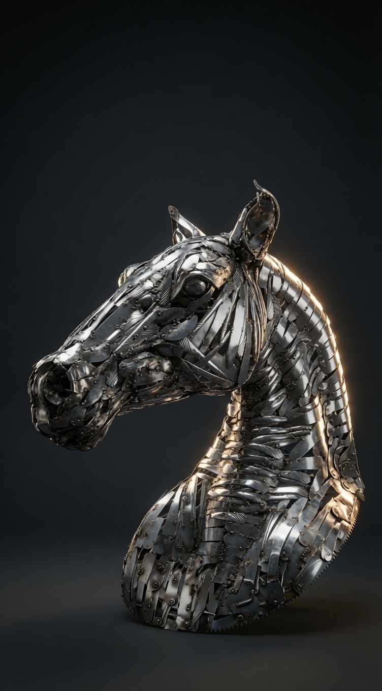 Ascendant — detail of welded cutlery horse head